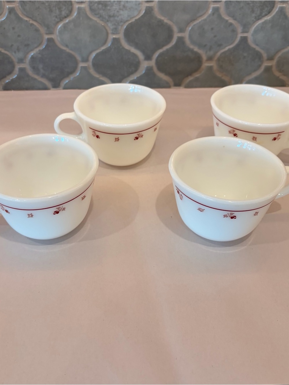 Vintage Pyrex Burgundy Rose Milk Glass Coffee Cups Mugs Set of 4